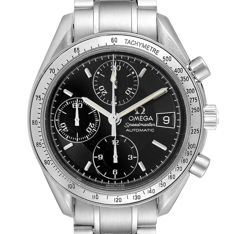 The image shows a front view of the Omega Speedmaster watch, highlighting its black dial, chronograph sub-dials, date display, and tachymetre bezel.